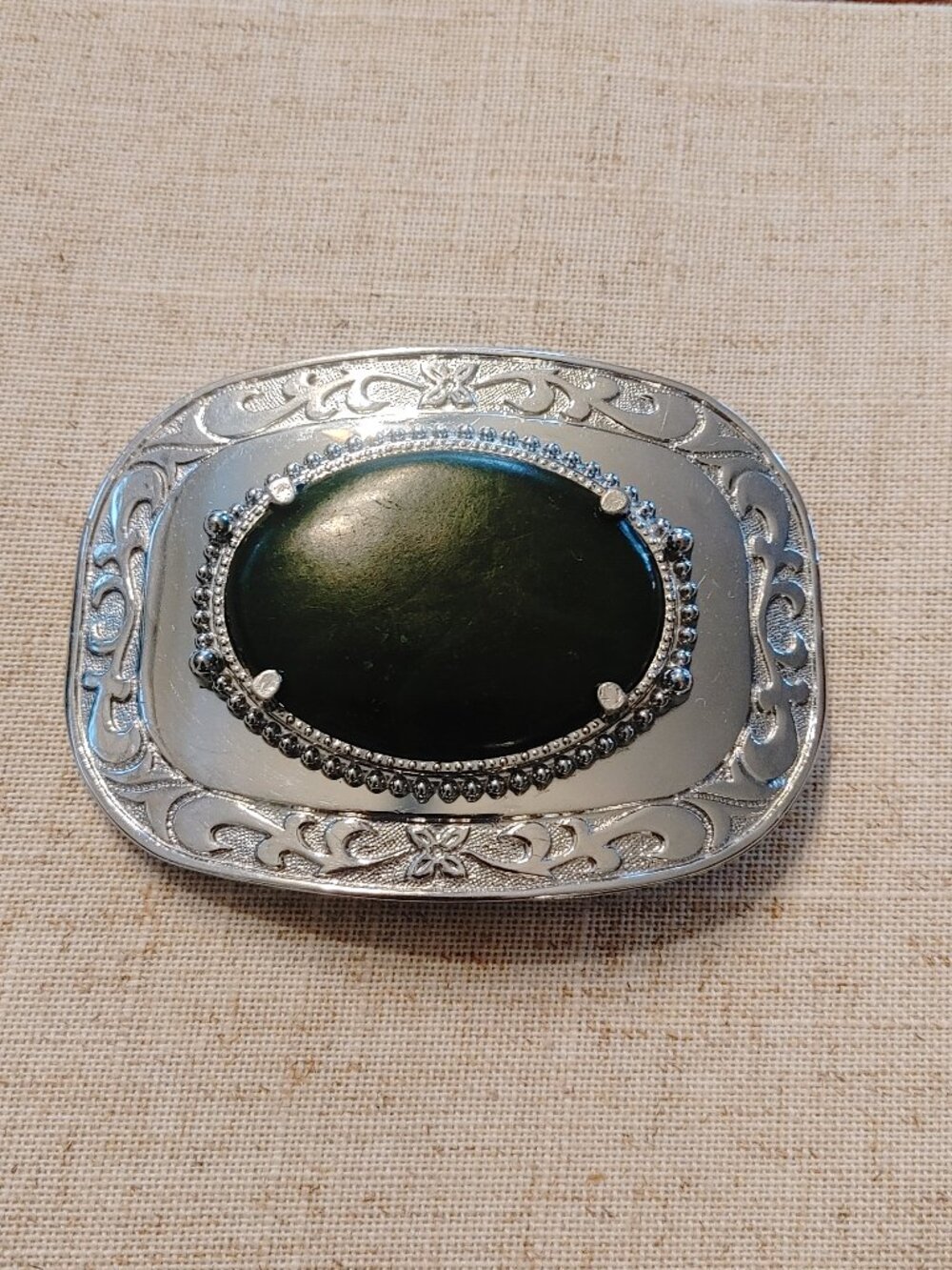 Vintage Western Silver Tone Belt Buckle - Polished Green Nephrite Jade Cabochon
